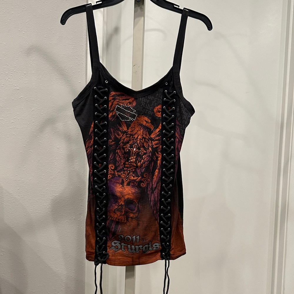 Harley-Davidson Black and Orange Lace-Up Tank Top